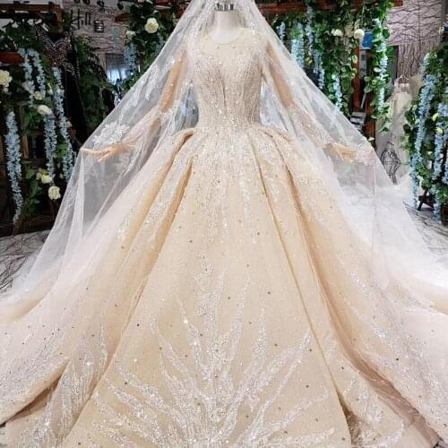 Champagne Luxury Long Sleeves Wedding Dresses 2020 Dubai O-Neck Sparkle Sequins Beading Bridal Gowns BHX001 Custom Made
