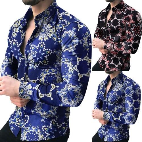 2021 New Fashion Mens Geometric Printed Floral Long Sleeve Shirt Turn Down Collar Spring Autumn Loose Holiday Casual Shirts