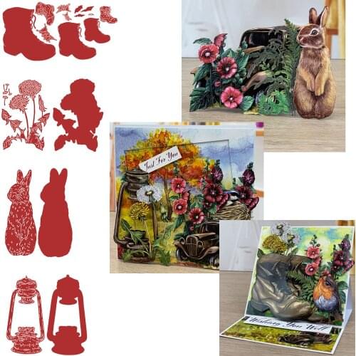 New Arrival Rabbit Boots Flower Oil Lamp Stamps And Cutting Dies Scrapbook Diary Decoration Stencil Embossing Template Greeting