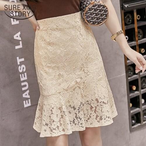 2020 New Summer Skirt Womens Fishtail Skirt Apricot High Waist Lace Skirt Ruffled Hip Skirt Wild Midi Skirt 9904 Jupe Femme