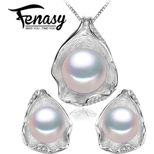 FENASY 925 Sterling Silver Jewelry Sets Natural Pearl Pendant Necklaces For Women Trendy Stud Pearl Earrings