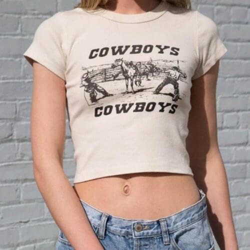 Cowgirl Print Womens Summer O-Neck Vintage 90s Cowboy Pattern Print Short Sleeve Crop Top Tee T-Shirt For Female Crop Tees