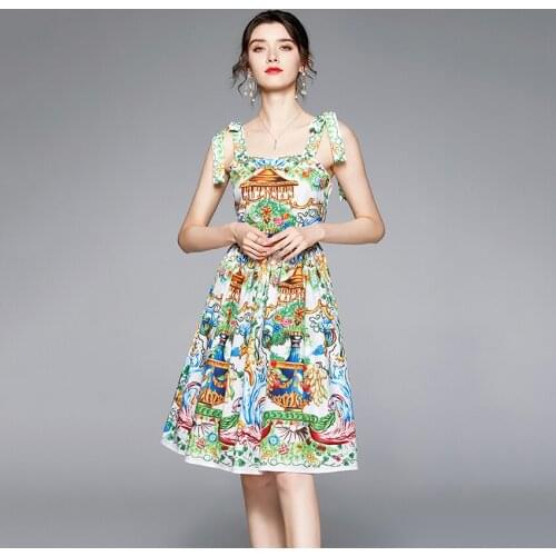 Summer Holiday Sundress Women Sleeveless Print Elegant Dress High Quality Fashion Designer Runway Dresses Party Vestidos