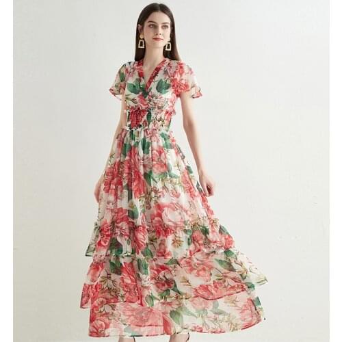 Runway Summer Holiday Maxi Dress Women Sexy Flare Sleeve Elastic High Waist Cascading Ruffles Layered Pleated Vestidos k387