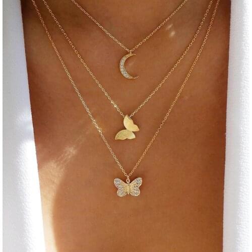 Modyle New Vintage Boho Gold Color Layered Necklace For Women Crystal Butterfly Moon Pendant Choker Collar Necklaces