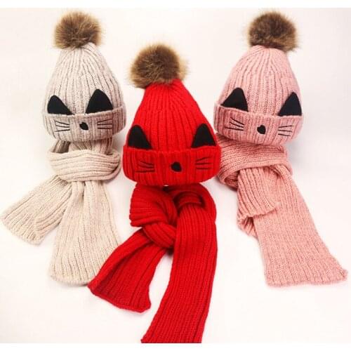 Winter Warm Baby Hat and Scarf Set Lovely Cartoon Cat Knitted Pompom Kids Cap Scarves 2PCS Set