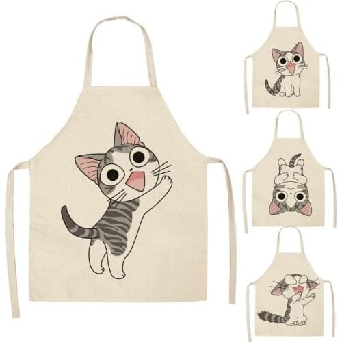 1 Pcs Kitchen Apron Animals Cute Cartoon Cat Sleeveless Cotton Linen Aprons for Women Home Cleaning Tools WQ21