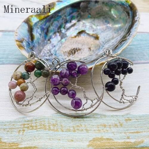 1pc Moon Shped Natural Crystal Stones Pendant Tree of Life Round Beads Amethyst India Agate Mineral Jewelry Couple Gift Necklace