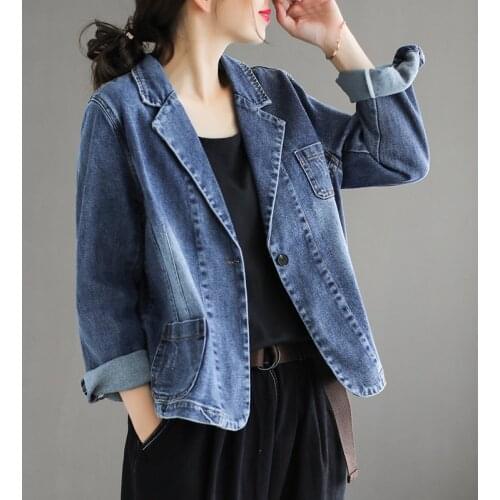 2021 Fashion Autumn Oversized New Chinese Style Clothes Womens Denim Blazers Oriental Jackets Ladies Vintage Loose Coats 30940