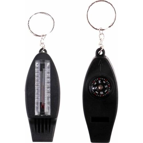 4 In 1 Mini Multifunction Outdoor Tool Survival Whistle Compass Magnifying Thermometer + Keychain Travel Emergency Tools