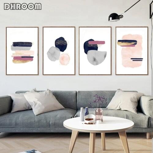 Abstract Watercolor Canvas Print Painting Blush Pink Navy Gold Posters Brush Stroke Art Pictures for Living Room Room Decor