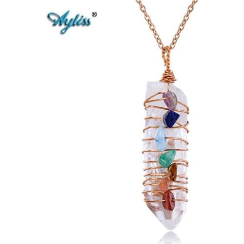 Ayliss Natural Clear Quartz Point Pendant Necklace Irregular Crystal Column Copper Wire Wrapped 7 Chakra Healing Stone Pendant