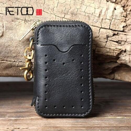 AETOO Multifunctional waist key case, first layer cowhide drivers license card case, pure copper leather coin purse