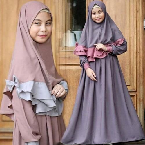 Childrens Girl Spring And Autumn Muslim dress + kerchief 2pcs Set New Kids Fashion Plain color dress outfit ST19049