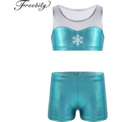 Kids Girls Tracksuit Shiny Snowflake Embroidery Tank Top + Bottoms Childrens Ballet Gymnastics Leotards Workout Tankini Outfit