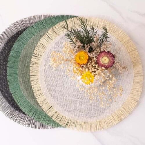 Mcao Round Placemats Set of 4 Tassels Table Mats Linen Woven Heat Proof & Washable Kitchen for Dinner Wedding Decorations TJ6128