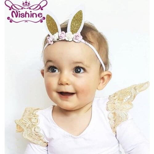 Nishine New Newborn Infant Rose Flower Nylon Headband Children Rabbit Ears Elastic Hair Bands Girls Headwear