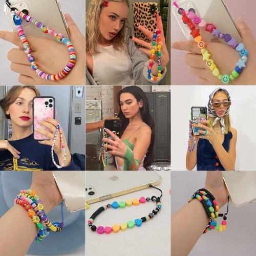 Ins Colorful Acrylic Beads Smile Mobile Phone Chain CellPhone Strap Anti-Lost Lanyard For Women Girls Summer Chain Jewelry Gift