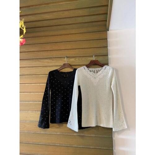 Ladies 2021 fashion new horn long sleeve sexy casual diamond wool embroidered collar slim pullover 1221