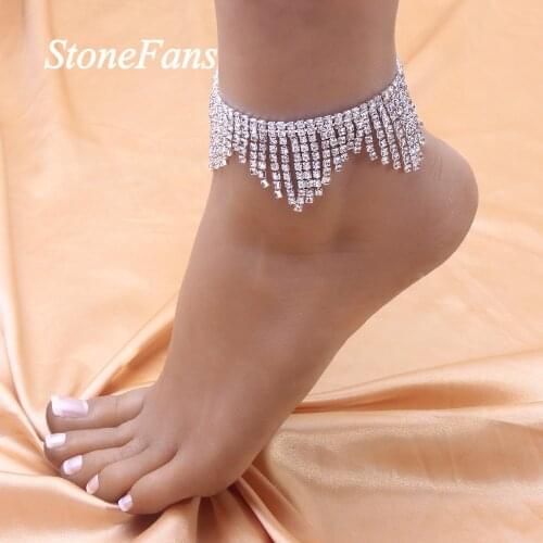 Stonefans Rhinestone Tassel Anklet Bracelet Women Barefoot Accessories Boho Chic Ocean Beach Anklet Chain Summer Foot Jewelry