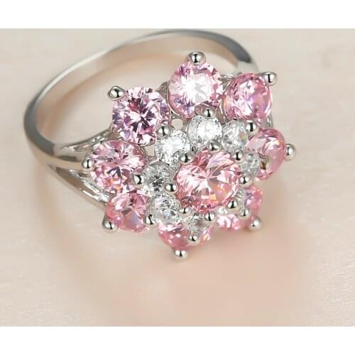 Female Elegant Pink Crystal Stone Ring Dainty Cute Flower Zircon Engagement Ring Charm Silver Color Big Wedding Rings For Women