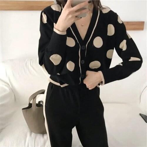 2020 New Casual Slim Two Piece Set Women Print Wave Point Short Contrast Color Knitted Cardigan Elastic Waist Pants Korean Chic