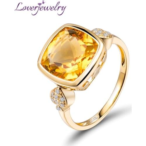 LOVERJEWELRY Real 14K Yellow Gold Natural Citrine Ring Fine Jewelry Natural Diamond Anniversary Gift for Women