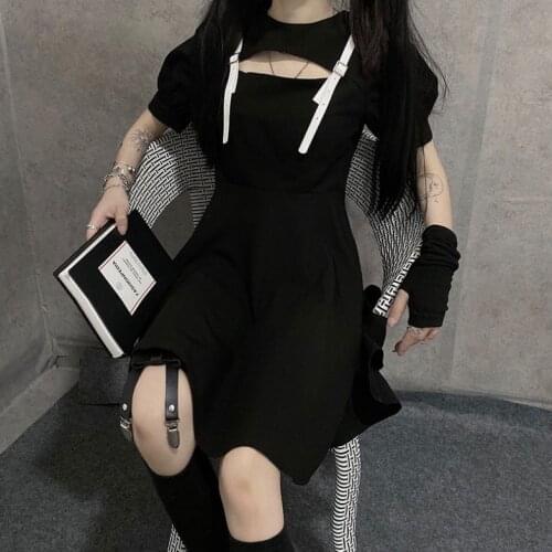 COOLFEL Gothic Black Women Dress Sexy Short Puff Sleeve Mini Dress Solid Color Summer Female Outfits For Party