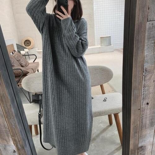 Winter Korean Hooded Over-the-knee Knit Dress 2021 New Loose Thin Simple Pure Color Base Long Women Sweater Dress Free Shipping