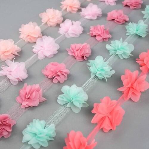 2 Yards Flowers Lace Trim Tulle Ribbon Chiffon Fabric For DIY Sewing Dress Garment Accessories Handmade Craft Wedding Decor