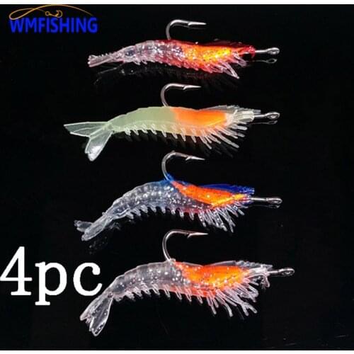 4 PCs Luminous Shrimp Fake Baits Soft Simulation Prawn Lure Fishy Smell Artificial Trout Bait with Single Hook Sea Fishing Tools