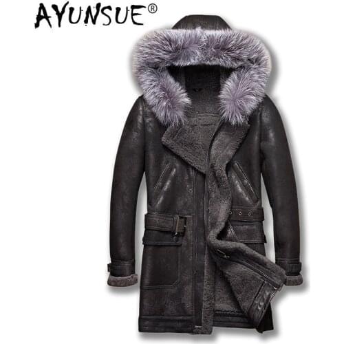 AYUNSUE Real Sheepskin Coat Winter Genuine Leather Jacket Men Fox Fur Collar Hooded Warm Vintage Leather Jackets 2020 5218