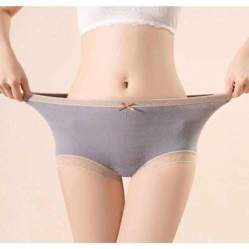 Seamless Lace Womens Panties Graphene Cotton Crotch Mid-Waist Briefs Lingerie Girly Cute Bow Underpants