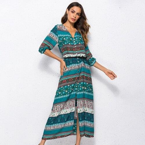 2020 Summer Long Dress Retro Print Boho Beach Dress Tunic Maxi Dress Women Evening Party Dress Sundress