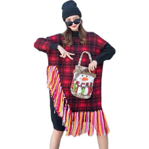 Plaid Long Sweater Women Casual Christmas Clothes Colorblock Tassels Full Sleeve Winter Ladies Turtleneck Sweater Knitwear 2020