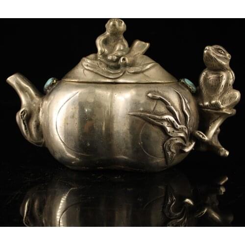 7"Tibet Temple Collection Old Bronze Gilt silver mosaic Gem Monkey statue ape kettle flagon teapot Ornaments Town House