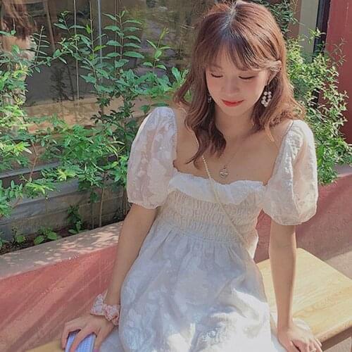 Summer Womens Lace Chiffon Kawaii Elegant Retro Dress White Puff Sleeve Korean Fairy Skirt Free Shipping