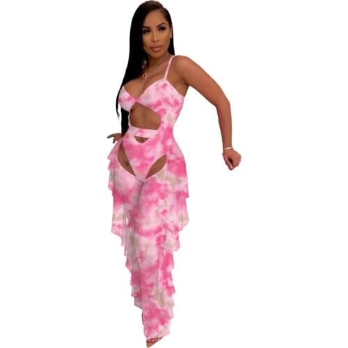 Summer Beach Sexy Club Outfits for Women Clothes Hollow Out Tie Dye Two Piece Set Slim Bodysuit and Ruffles Pants Set Streetwear