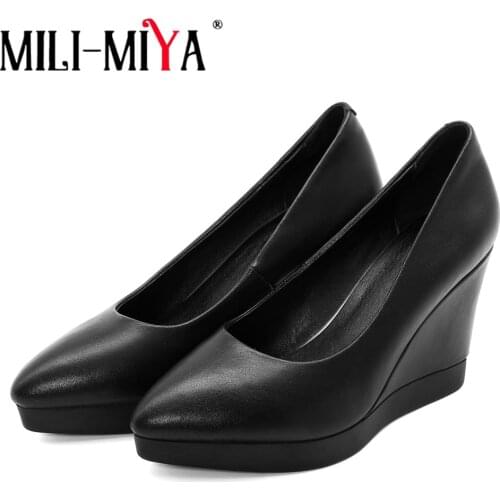 MILI-MIYA Concise Pointed Toe Womens Wedge Heels Genuine Leather Pumps Spring Summer High Quality Shallow Office Casual Shoes