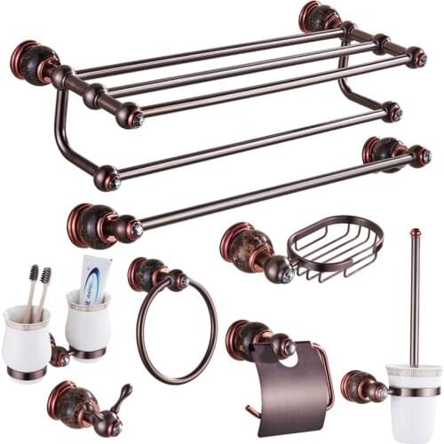Rose Gold Jade Brass Bathroom Accessoreis Set Luxury Brown Ancient Marble Bathroom Hardware Set