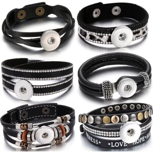 New Snap Jewelry Bracelets Handmade Braided Black Leather Snap Bracelet Women Men 18mm Snaps Buttons Jewelry Leather Bracelets