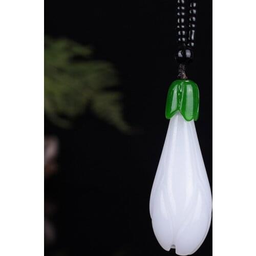 Natural Green Hand-carved Orchid Jade Pendant Fashion Boutique Mens and Womens Magnolia Flower Necklace Accessories Gift