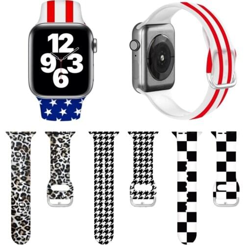 US Flag Silicone Strap for Apple Watch Band 44mm 42mm 40mm 38mm Plaid Print Leopard Bracelet Strap for Iwatch 6 5 4 3 2 1 SE