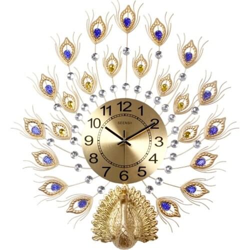 Luxury Wrought Iron Peacock Wall Clocks Decoration Craft Home Livingroom 3D Wall Mural Mute Electronic Wall Clock Ornament Decor