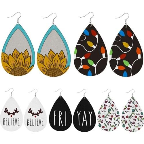 Christmas Deer Leather Earring for Women Lantern Sunflower Stationery Water Drop Christmas Earring Fashion Jewelry Girl Present