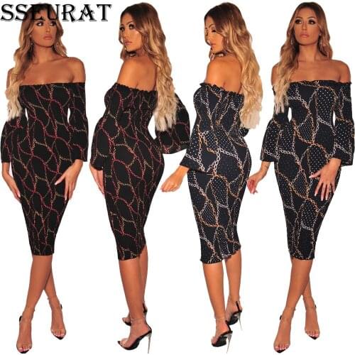 SSEURAT Women Dress New Print Off The Shoulder Long-sleeved Dress Sexy Nightclub Dress