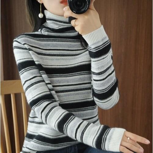 Autumn and winter new high-neck womens sweater cardigan striped long-sleeved loose pullover knit bottoming shirt