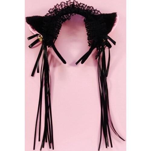 Lolita Anime Kawaii Hair Hoop Party Women Girls Fluffy Plush Cat Ears Headband with Small Bells Ribbon Tassels Ruffles Lace