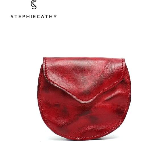 Vintage Real Leather Flap Coin Purse Women Small Round Wallet Handmade Cowhide Key Case Card Holder Earphone Cable Storage Bag