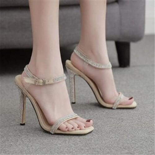 Women sandals Flock Buckle Strap 11cm Thin Heels High heels Square Toe Shallow women shoes sandalias mujer 2020 size 35-42
